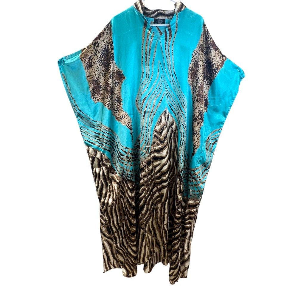 Ashro Womens Caftan Maxi Dress OS Turquoise Animal Print Zebra Leopard Satin